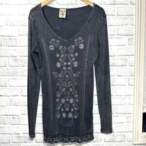 Y2K VOCAL Womens XL Grunge Tunic Embellished Lace V Neck Embroidered Dark Fairy